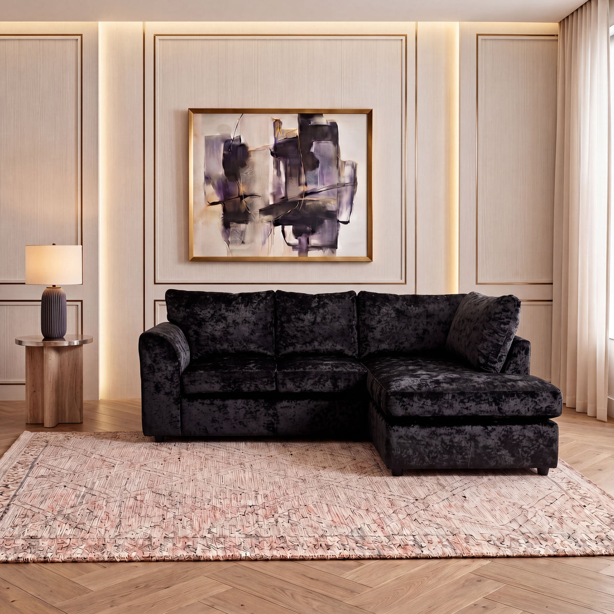 Crushed Velvet Full Back L Shape Sofa