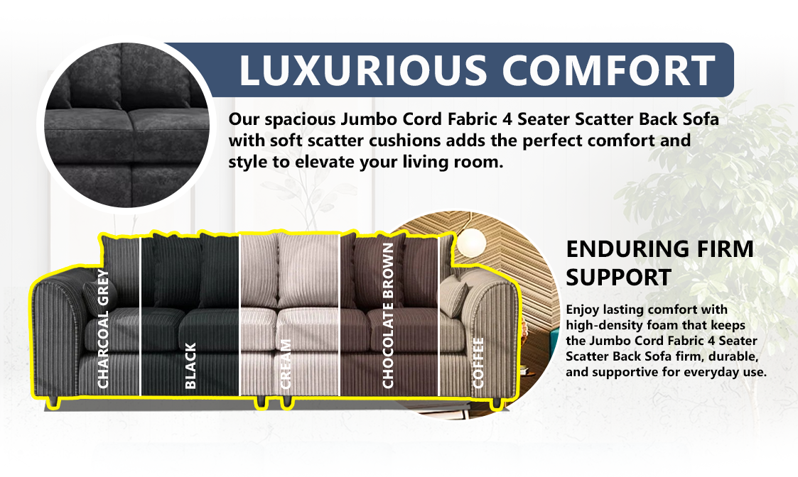 Jumbo Cord Fabric 4 Seater Scatter Back Sofa extra image 2