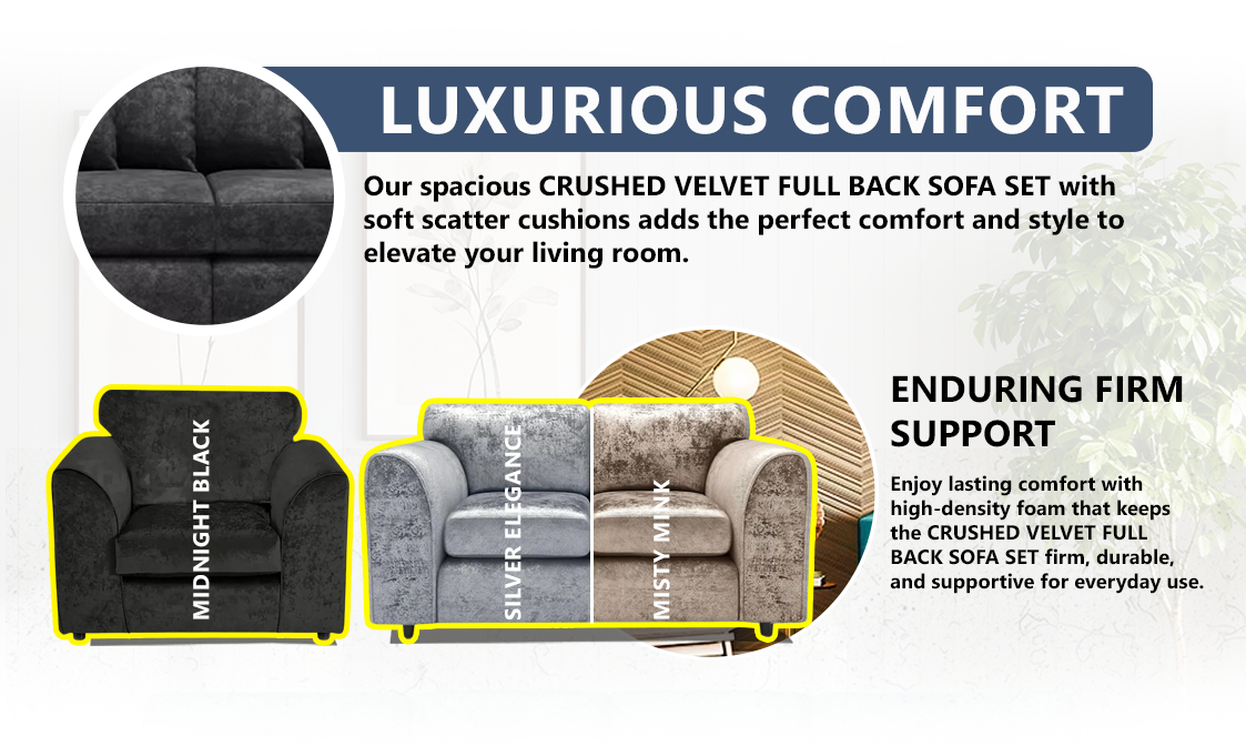 Crushed Velvet Full Back Sofa Set extra image 3