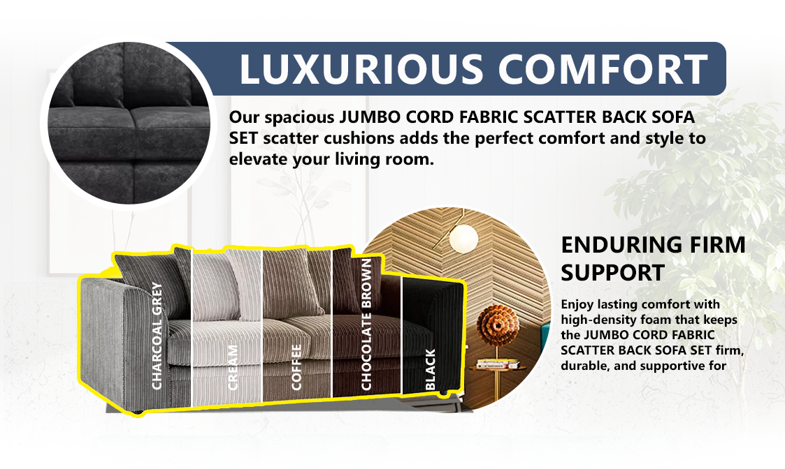 Luxury Jumbo Cord Fabric Scatter Back Sofa Set extra image 2