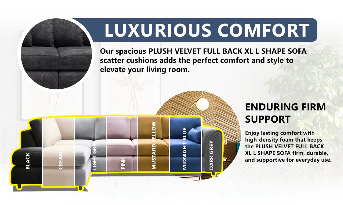 Plush Velvet Full Back XL L Shape Sofa extra image 2
