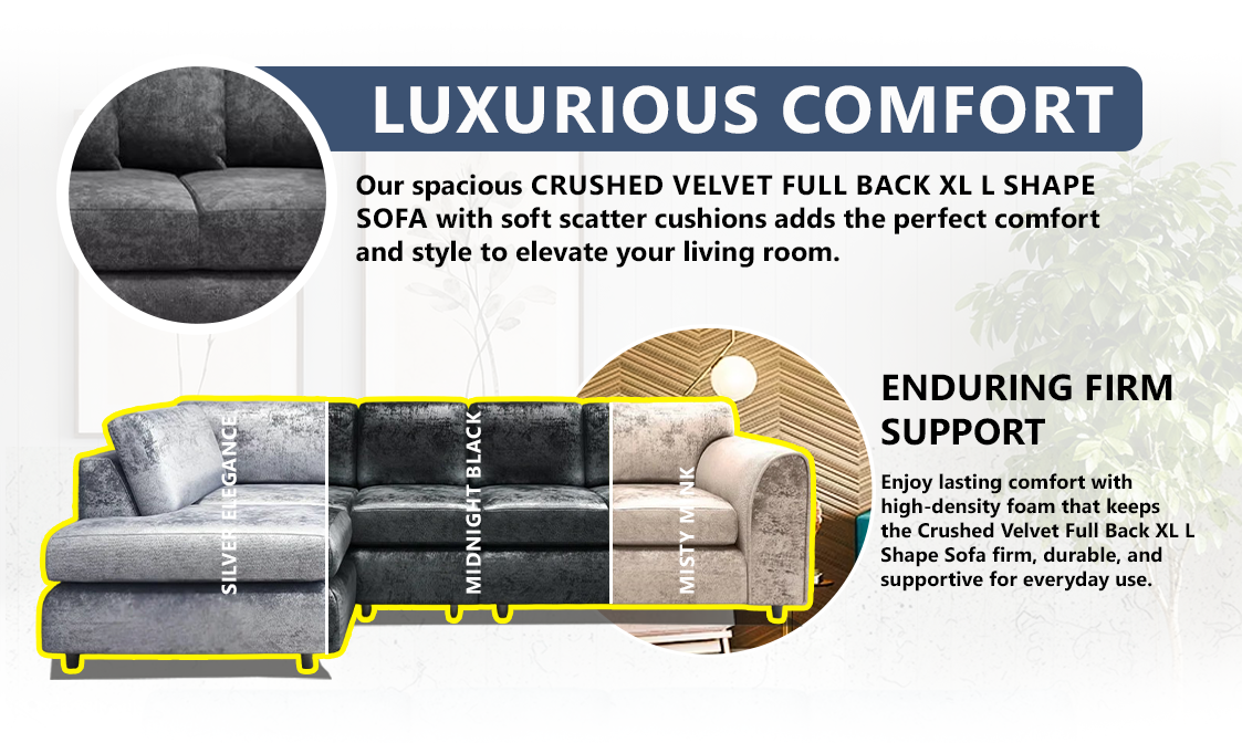 Crushed Velvet Full Back XL L Shape Sofa extra image 2