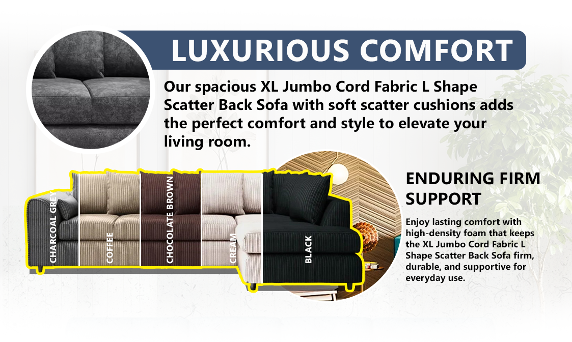 XL Jumbo Cord Fabric L Shape Scatter Back Sofa extra image 2