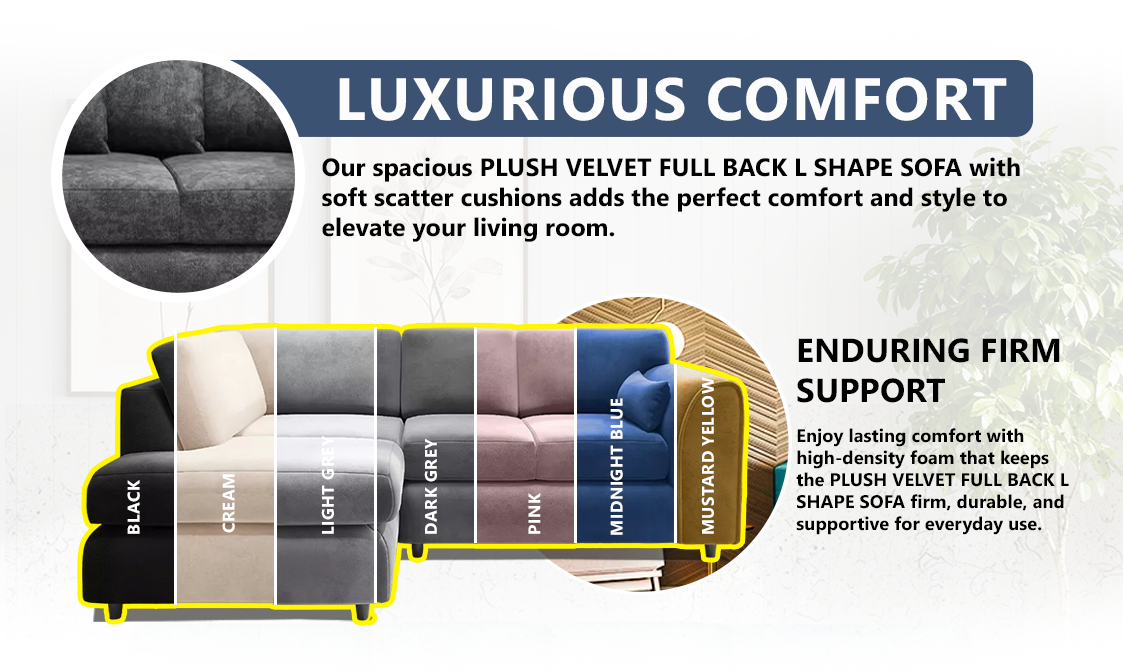 Plush Velvet Full Back L Shape Sofa extra image 2