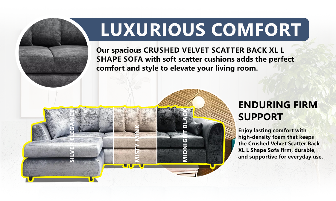 Crushed Velvet Scatter Back XL L Shape Sofa extra image 2