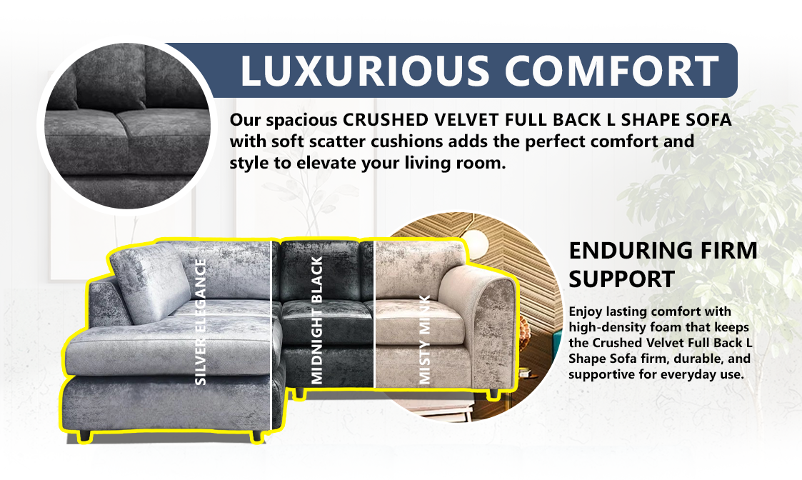 Crushed Velvet Full Back L Shape Sofa extra image 2