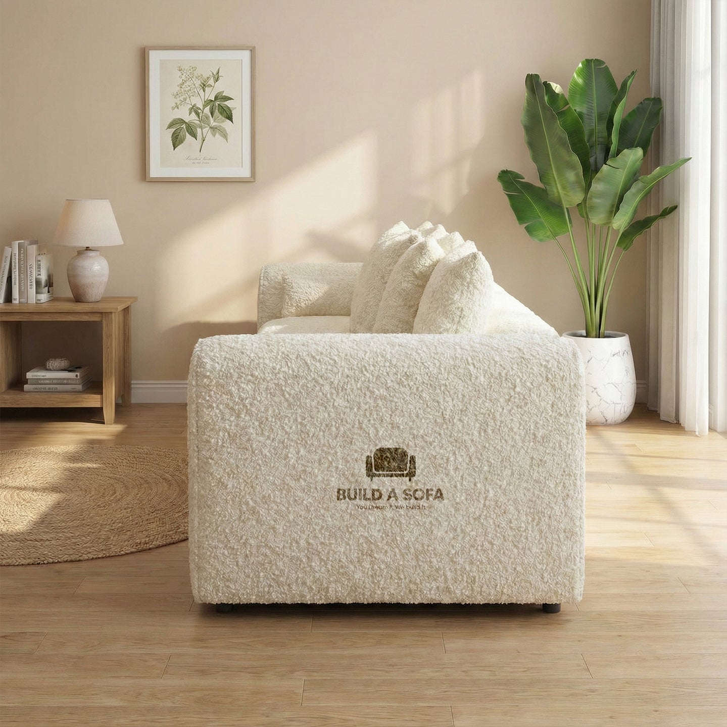 Boucle Fabric 4 Seater Scatter Back Sofa