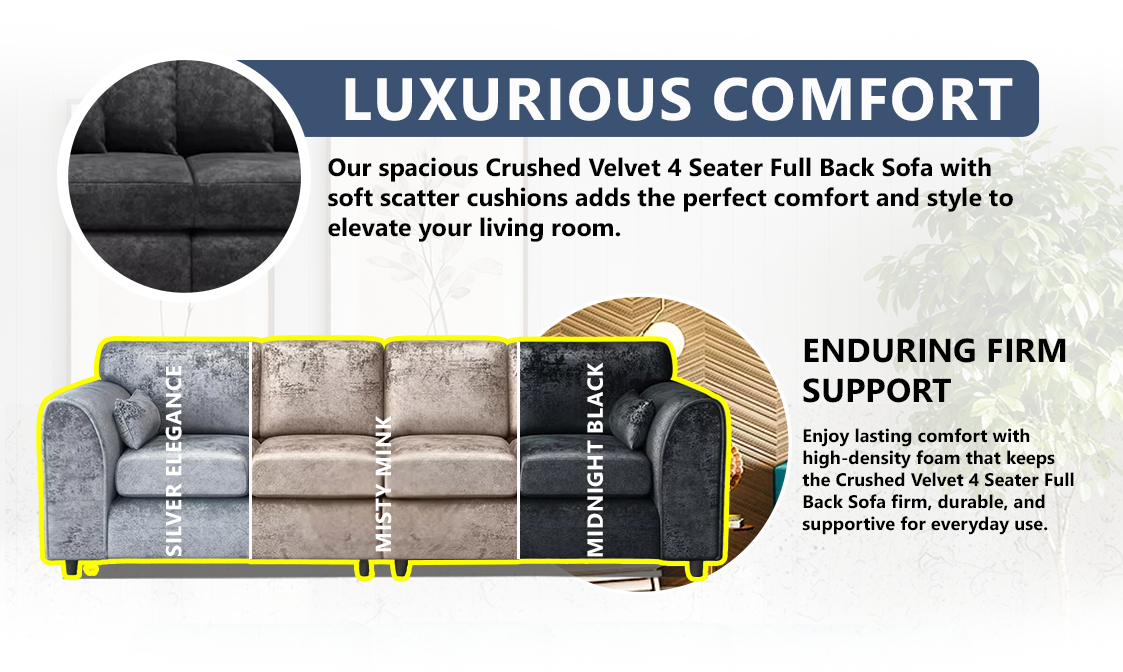 Crushed Velvet 4 Seater Full Back Sofa extra image 2